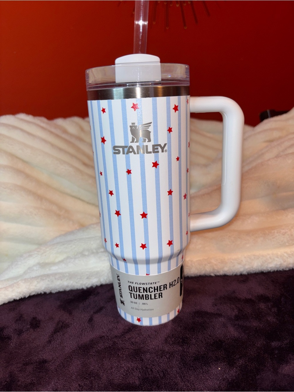 Stanley White & Light Blue Striped Tumbler with Red Stars 30 oz 🌺
